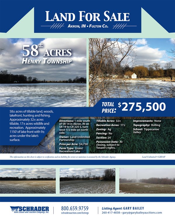 Listing brochure cover - Tillable Land, Woods, LakeFront, Hunting, and Fishing.